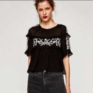 Zara Trafaluc Black & White Ruffle Embroidered Top